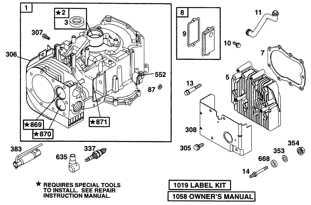 Cylinder, Head Diagram and Parts List for 28C707-0118-XX  Briggs and Stratton Engine